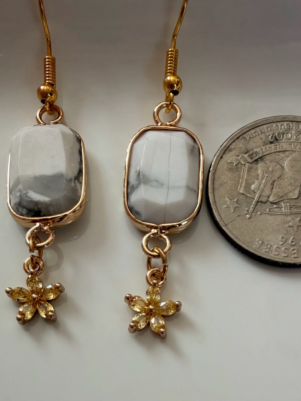 Gold-Tone Howlite Drop Earrings with Yellow Crystal Flower
